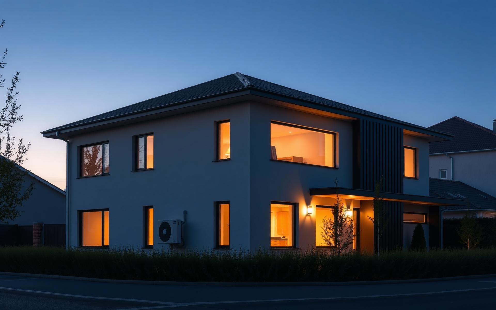 Modernes Wohnhaus mit Wärmepumpe in der Dämmerung